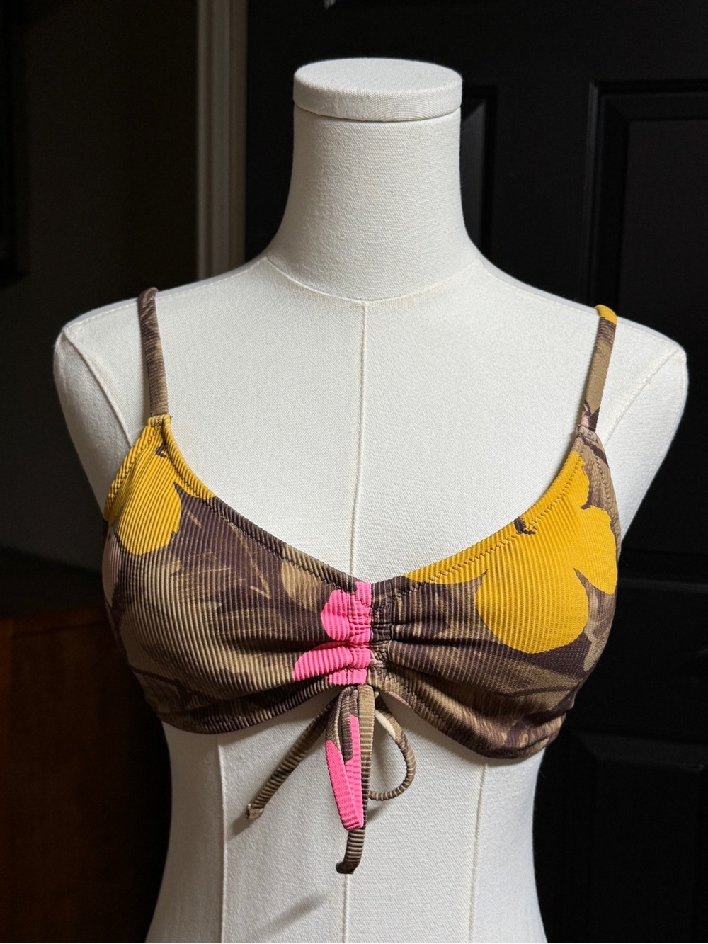 {aerie} "Scoop" Brown Yellow Pink Ribbed Cinched Front Bikini Top WSM4
